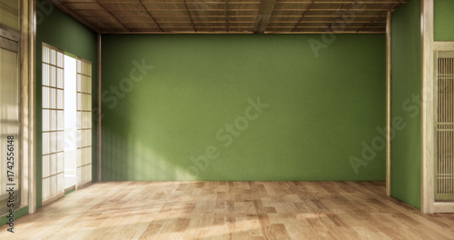Green dark wall empty room, Modern japanese wood floor, room japanese traditional style. 3D rendering