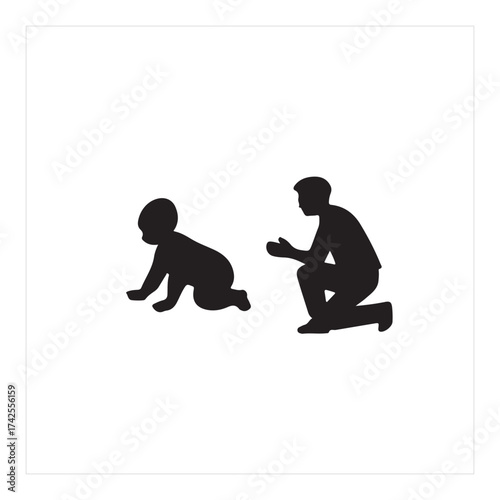 Simple black silhouette icon of a father encouraging a crawling baby, a minimalist vector symbol representing parenthood and child development