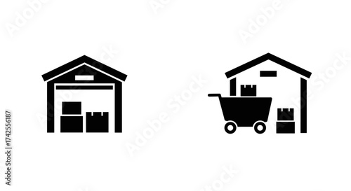 Storage and delivery icons showing warehouse boxes and a shopping cart