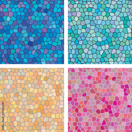 Stained glass - seamless multicolored pattern. Stylish mosaic ornament for design and decorations. Vector set of 4.
