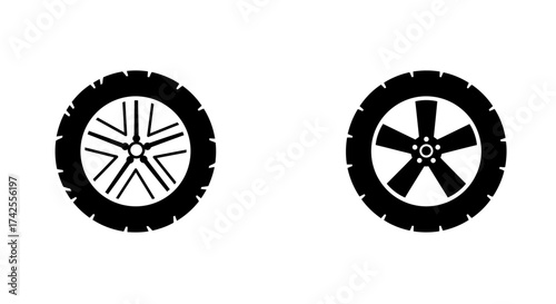 Simple black and white illustration of two different car wheel designs
