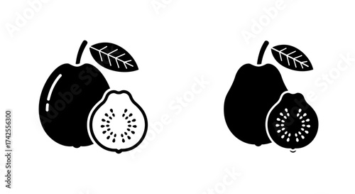 Black and white illustration of feijoa fruit whole and in cross section