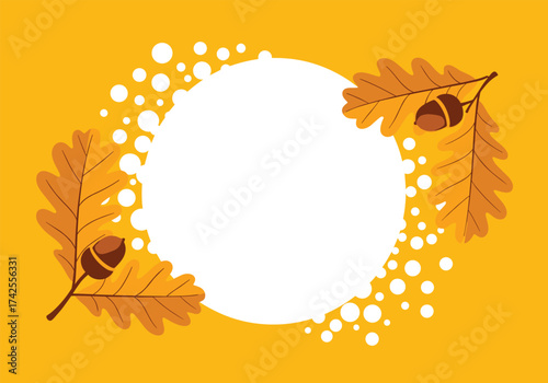 Autumn leaves and acorns form a decorative border around a white circle.