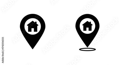 Two black map pin icons with white house symbols inside them