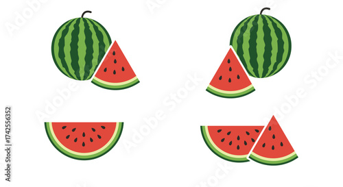 Illustrative depiction of whole and sliced watermelons in a graphic style