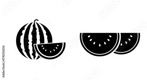 Black and white illustration showcasing a whole and sliced watermelon design