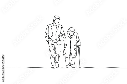Vector art of a young man helps an elderly man walk with a cane, line drawing style