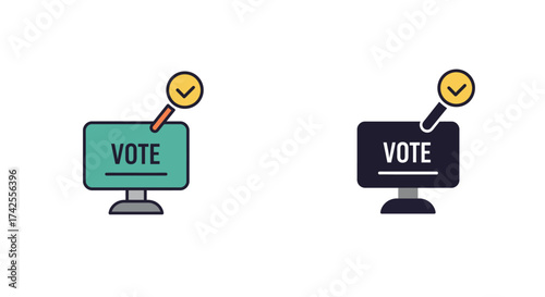 Two voting machines with checkmarks indicate approval and participation