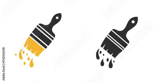 Two paintbrushes one with yellow paint drops in a simple graphic style