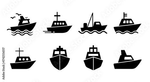 Collection of simple black silhouette icons depicting various types of boats