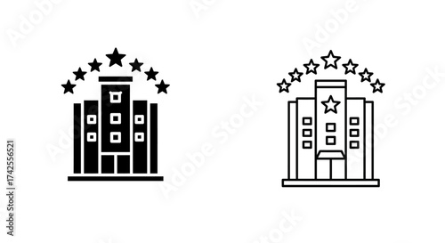 Simplified hotel building line icons with varying star ratings displayed
