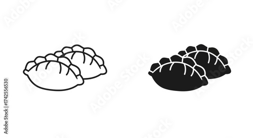 Black and white line art illustration of several dumplings together