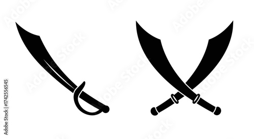 Two crossed pirate sabers in a black and white silhouette style