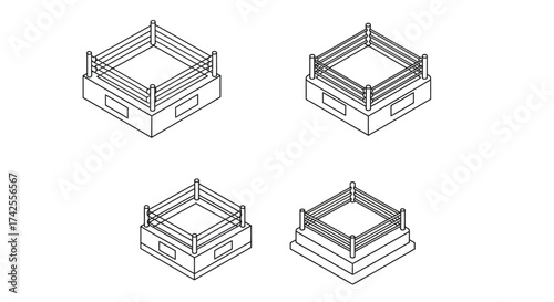 Isometric illustration of four boxing rings in a simple line drawing style