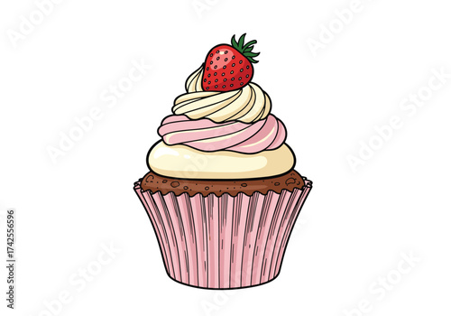 A delicious strawberry cupcake with creamy frosting.