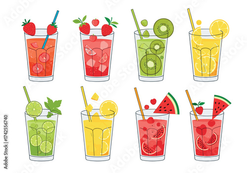 Eight glasses of refreshing summer fruit drinks with garnishes.