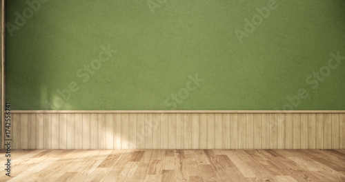 Green dark wall empty room, Modern japanese wood floor, room japanese traditional style. 3D rendering