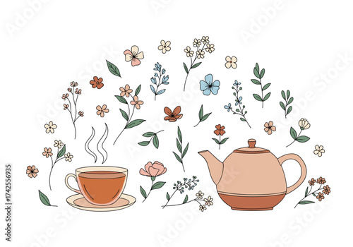 A cozy cup of tea surrounded by delicate floral elements.