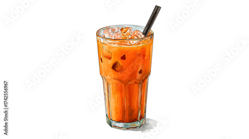 Watercolor Illustration of Iced Thai Tea in Tall Glass. Refreshing Iced Thai Tea Watercolor Painting on White Background.
