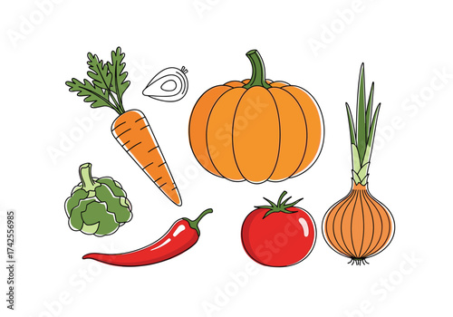 A colorful assortment of fresh vegetables including carrots pumpkins and tomatoes.