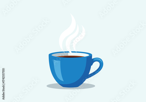 A steaming blue mug of hot coffee with white smoke rising.