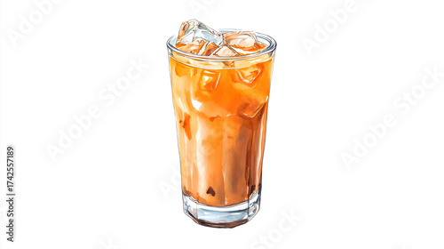 Watercolor Illustration of Iced Thai Tea in Tall Glass. Refreshing Iced Thai Tea Watercolor Painting on White Background.