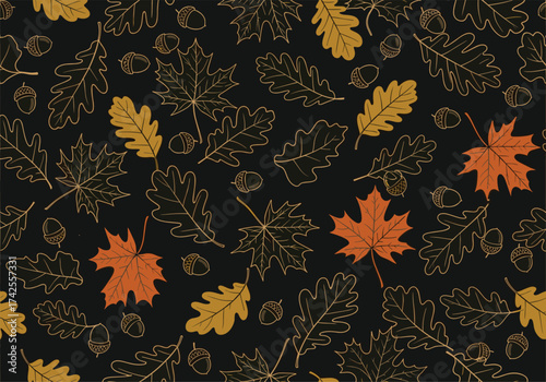 Autumn leaves falling in a woodland forest setting.