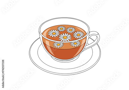 A comforting cup of chamomile tea with floating flowers.