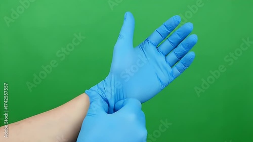 Close-up shot of a person wearing blue nitrile gloves on their hands, getting ready for work or a medical procedure