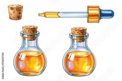 Vector art of apothecary bottles and dropper, vintage style potion bottles with corks and golden liquid