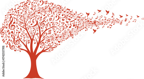 A tree made of musical notes and birds flying away on white background editable vector file