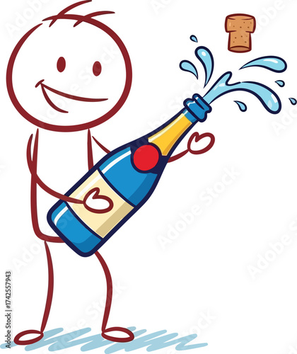 Stick figure popping champagne bottle cork with water splashing editable vector file