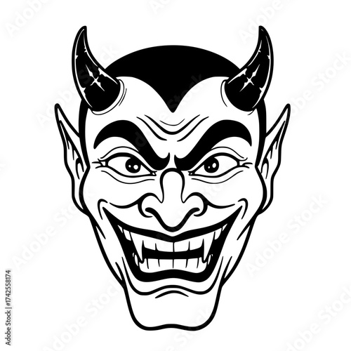 Menacing devil face artwork with sharp fangs, perfect for Halloween themed designs and spooky occasions