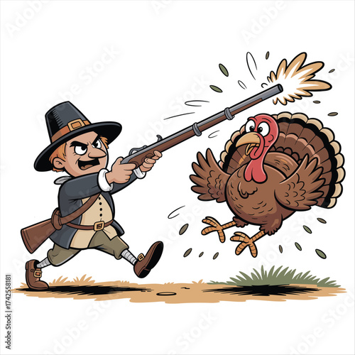 Pilgrim shoots turkey during harvest celebration a historic thanksgiving hunting scene