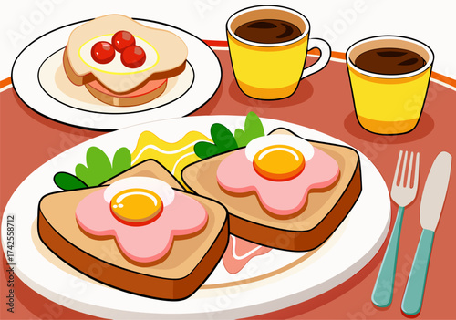 Colorful illustration of Croque Madame breakfast sandwich with fried eggs and coffee