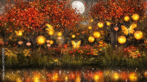 Witch flying across moonlit sky above glowing river, magical reflections shimmering on water surface, captured with 85mm lens in low light