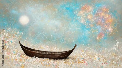 Traditional wooden boat departing glowing harbor under sky filled with vivid fireworks bursts