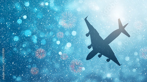 Night scene capturing airplane shadow highlighted by colorful fireworks in sky