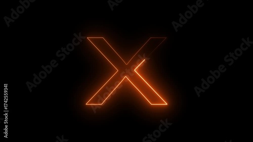 Animation neon letter X, glowing neon capital letter sign icon, on black background, X text icon animated by glowing neon.