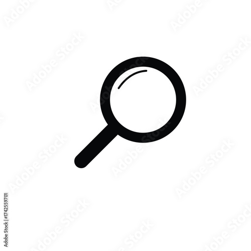 Simple magnifying glass icon in black isolated on white background. Minimal search symbol representing discovery, research, zoom, exploration, and investigation in flat vector style.
