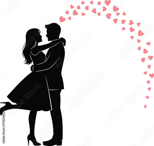 Silhouette of embracing couple with heart shaped confetti arch editable vector file