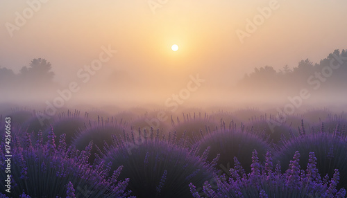 Golden sunrise over misty lavender fields with rays piercing through the fog — ethereal calm and morning serenity.
