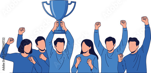 Team celebrating victory raising trophy with arms raised in success editable vector file