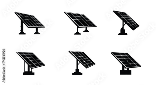 Black silhouette icons depicting various angles of solar panel technology