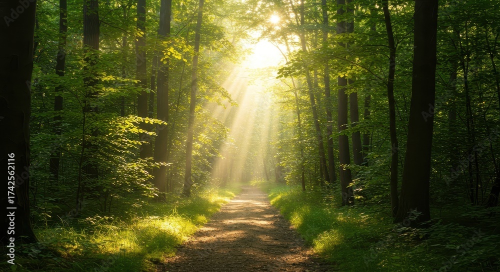 Naklejka premium Sunlit forest pathway illuminated by beams of sunlight streaming through the lush green canopy, creating a tranquil and peaceful atmosphere during a bright day in nature, showing a beautiful path.