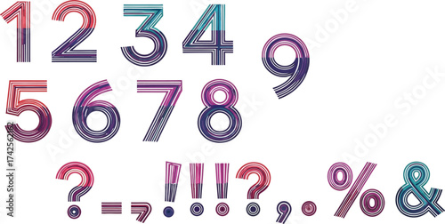 Striped numbers and symbols in various colors on a white background editable vector file