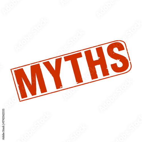 Red rubber stamp "myths" word graphic with textured appearance vector