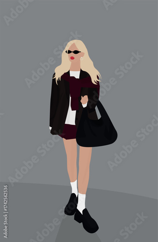 Vector flat image of a young woman with long white hair. She is wearing a skirt and jacket. The woman is against a gray background. Design for backgrounds, cards, textiles, templates, banners.