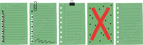 Five green sheets of paper with lines and various attachments editable vector file