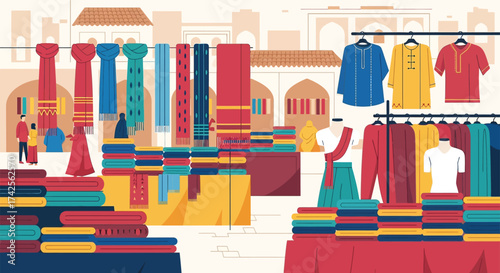 Vibrant market scene with colorful textiles and apparel displayed for sale